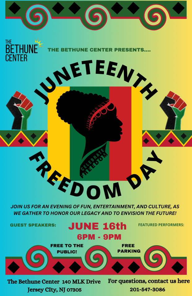 The flyer is shades together with blue into green into yellow vertically. There The information is listed throughout the entire page. The Center is a silhouette of a woman on an African flag with firsts holding hands on each side of the woman. 