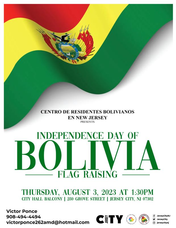 The flyer has the Bolivian flag flowing in the top left corner with the seal showing. The information for the event is listed in the middle and lower portion of the flyer. 