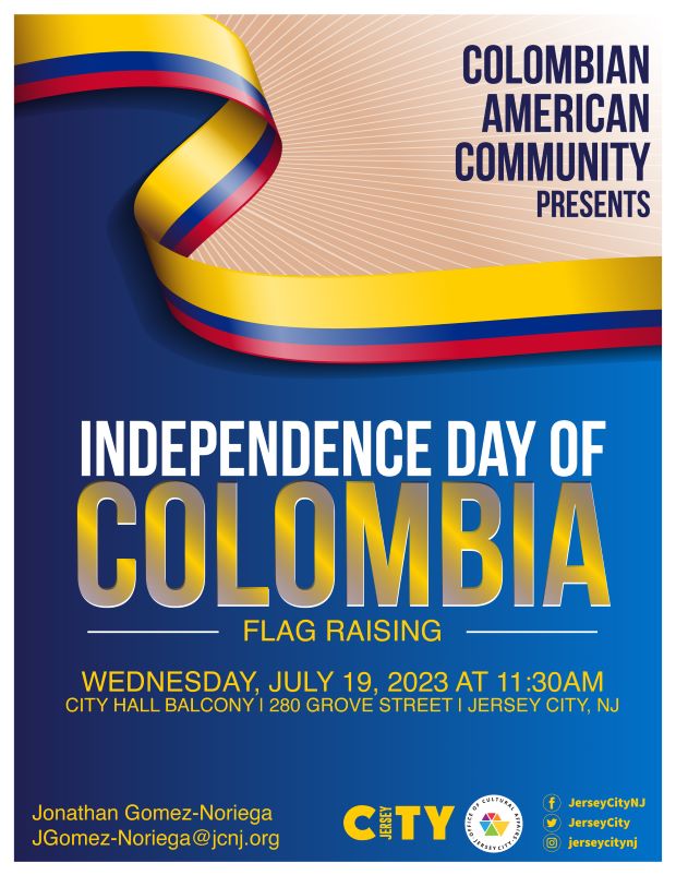 The flyer has a ribbon along the top of the Colombian flag colors gold, blue and red. The information for the event is listed in the middle to the lower portion of the flyer.