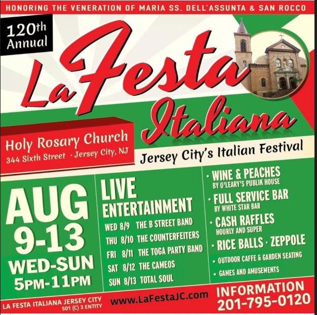 The flyer has a picture of the Holy Rosary Church in the upper right hand corner. The entire flyer is the announcement of the La Festa Italiana and all the information regarding the event down to the bottom of the page. 