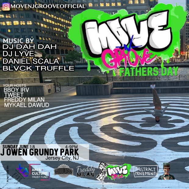 The flyer is a picture of one person on Grundy Pier breakdancing in the center. The information for the event is listed along the top and bottom of the flyer. 