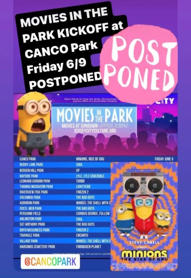 The top portion of the flyer is a city scape with silhouette of people watching a movie. The lower portion of the flyer is all the information for the movies. POSTPONED is in a pink circle at the top right of the page
