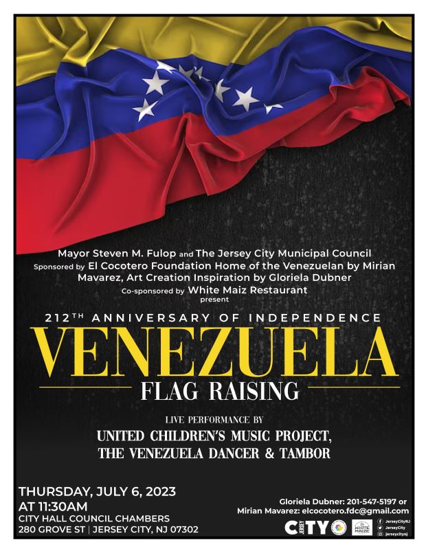 The Venezuela flag is partially showing at the top left corner of the page. The information for the flag raising is listed from the center down to the bottom of the page.