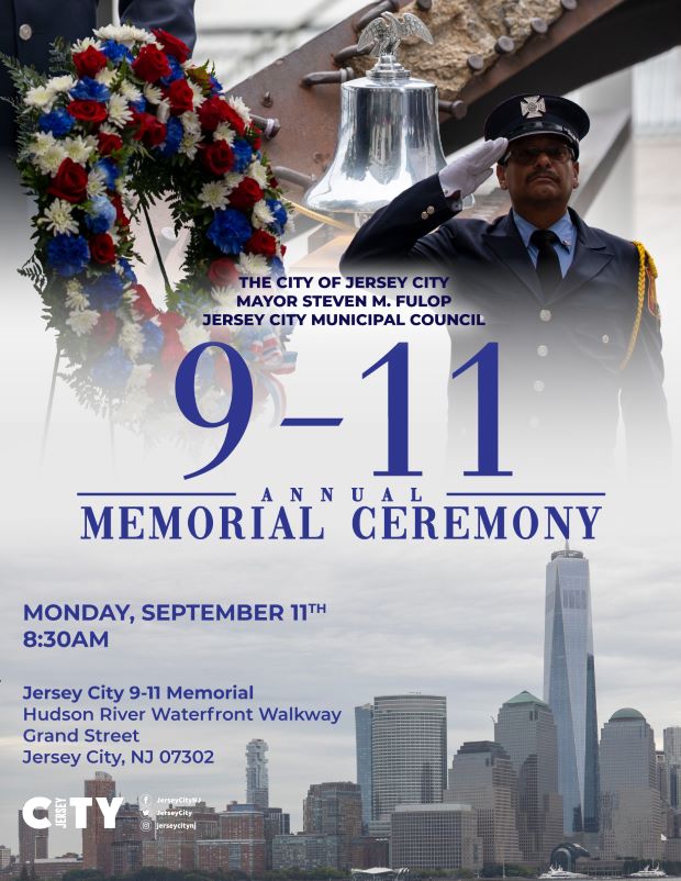 The flyer is a picture of a red white and blue flower wreath on the left top corner with a fireman saluting on the right side. The lower portion of the page is the information for the event. There is a picture of the NY skyline along the bottom of the page.