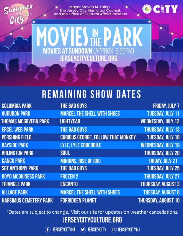 The top portion of the flyer is a city scape with silhouette of people watching a movie. The lower portion of the flyer is all the information for the movies.