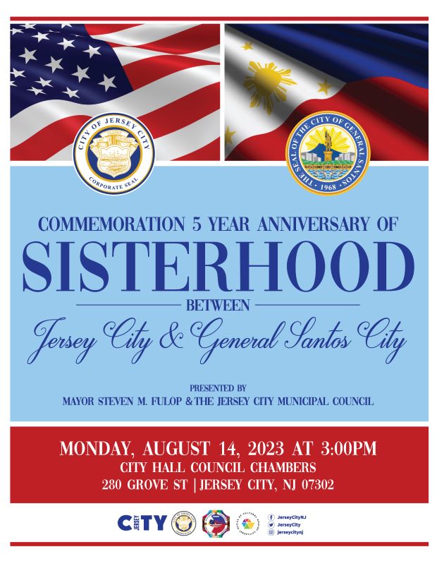 The flyer has a small framed out picture of an American flag with the seal of JC centered in the top left corner. The top right corner is a framed out picture of the General Santos flag with the seal centered on the bottom of that. The middle to the bottom is the information regarding the event. 