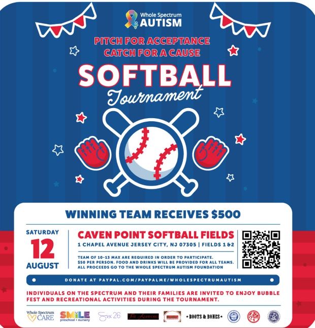The flyer is blue with red along the bottom. There is a picture of a softball with a glove on either side and 2 bats crossed behind the ball. The information for the event is listed at the top and the bottom half of the page. 
