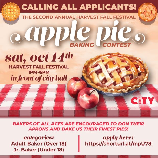 The flyer has information listed throughout the entire page. There is an apple pie on a table with 2 apples next to it. There is a red and white table cloth on the table.