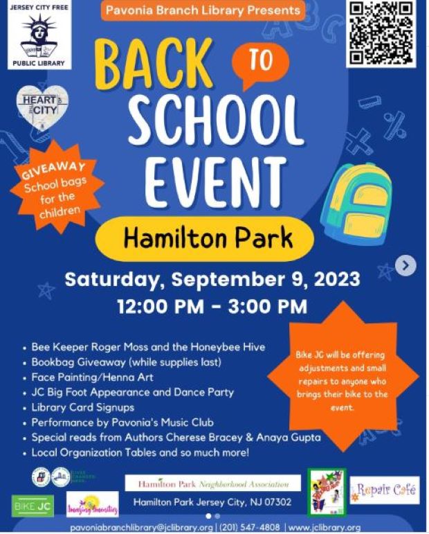 The flyer is blue with information listed from top to bottom of the page. There is a picture of a backpack on the right side.