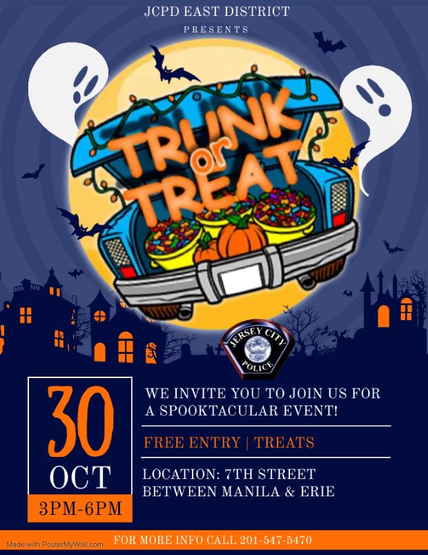 The flyer is a picture of a trunk filled with candy and some pumpkins in it. There are ghost and bats flying around.