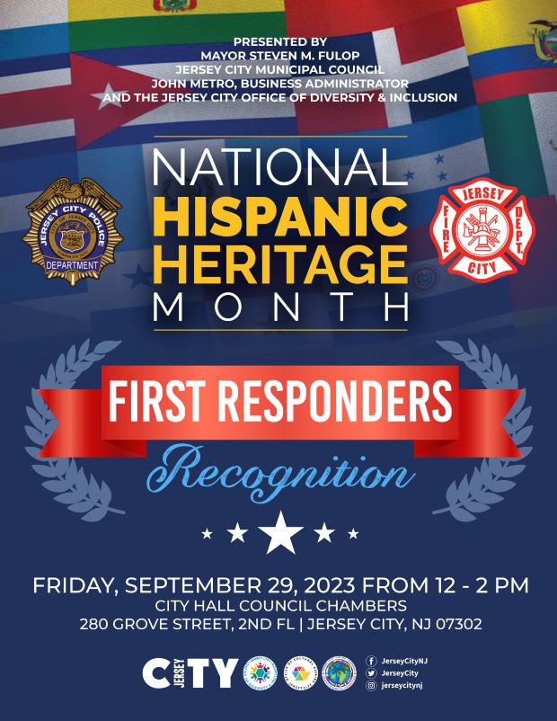 The flyer is for National Hispanic Heritage Month. It has a background of all different Hispanic flags. The flag raising is Friday, September 29, 2023 at 12pm to 2pm in the City Hall Council Chambers. 280 Grove St, 2nd floor