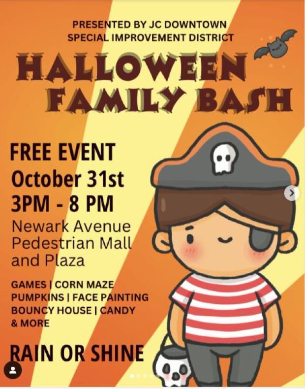 The flyer has the information written throughout the flyer. There is a little boy in a pirate costume in the right lower corner of the page.