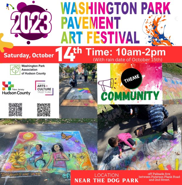 The Washington Park Pavement Art Festival 2023 is Saturday, October fourteenth at ten am to two pm. The rain date is October fifteenth.