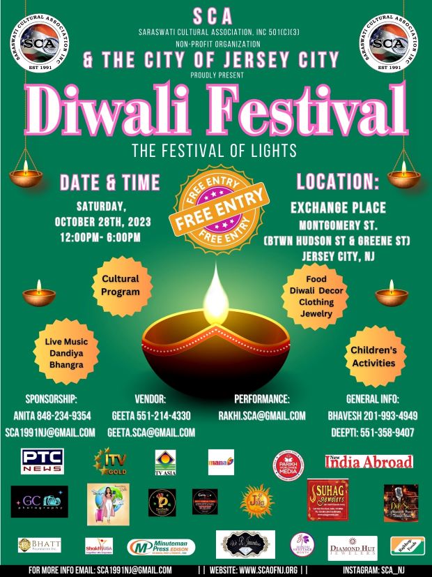 DIWALI FESTIVAL SATURDAY, OCTOBER 28TH FROM 12PM TO 6PM AT EXCHANGE PLACE MONTGOMERY ST BETWEEN HUDSON STREET AND GREEN STREET.