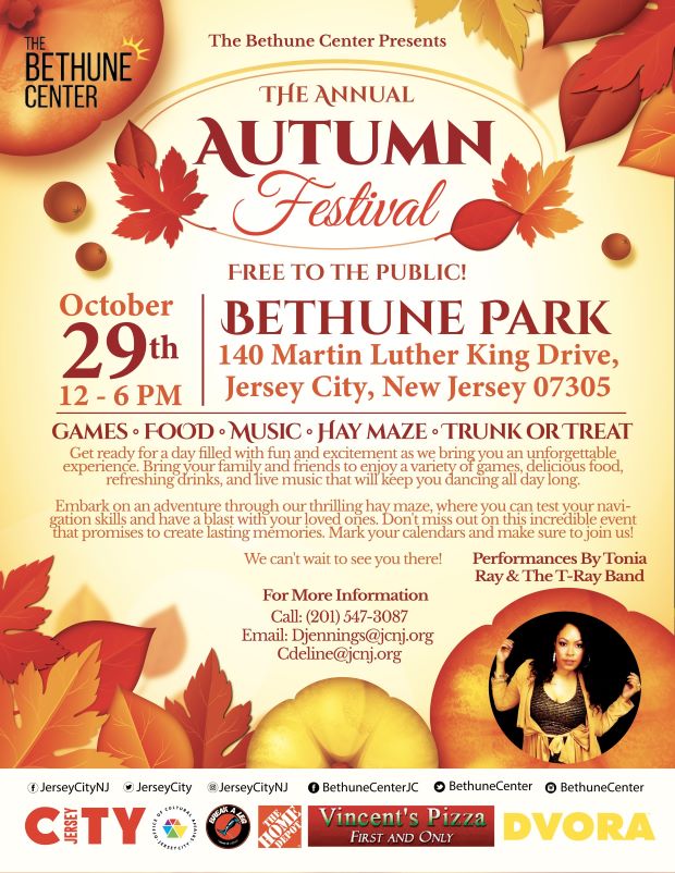 THE ANNUAL AUTUMN FESTIVAL ON OCTOBER TWENTY NINTH FROM TWELVE PM TO SIX PM AT THE BETHUNE PARK 140 MARTIN LUTHER KING DRIVE. GAMES, FOOD, MUSIC, HAY MAZE, TRUNK OR TREAT.