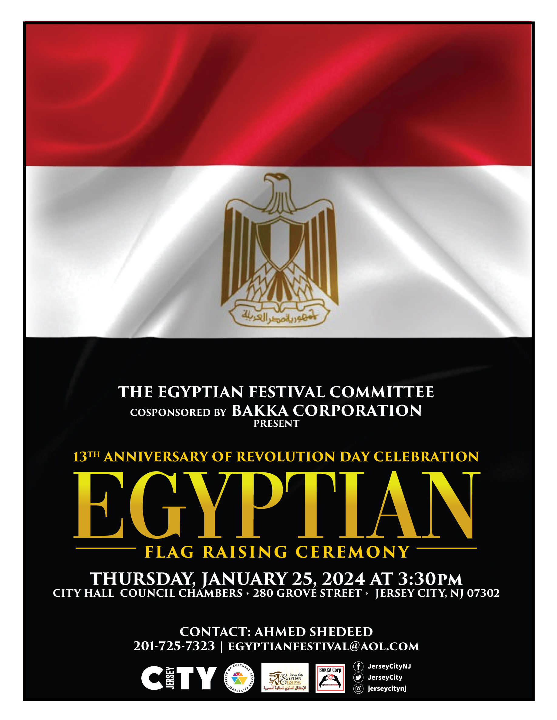 EGYPTIAN FLAG RAISING CEREMONY THURSDAY, JANUARY 25TH AT 3:30PM IN CITY HALL CHAMBERS