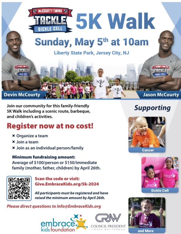 5K WALK FOR SICKLE CELL SUNDAY, MAY 5TH AT 10AM AT LIBERTY STATE PARK