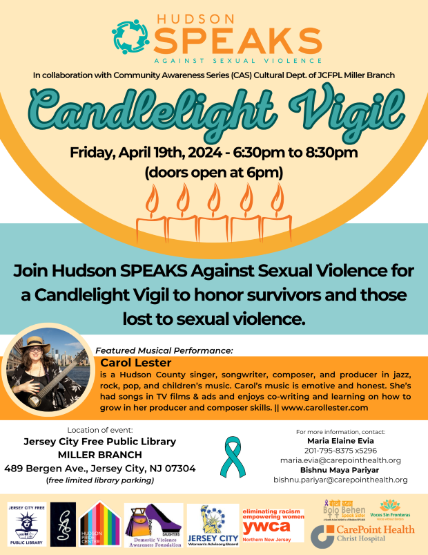 HUDSON SPEAKS AGAINST SECUAL VIOLENCE CANDLELIGHT VIGIL FRIDAY, APRIL 19TH 6:30PM TO 8:30PM AT THE MILLER BRANCH LIBRARY