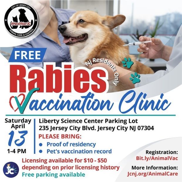 FREE RABIES CLINIC SATURDAY, APRIL 13TH AT LIBERTY SCIENCE CENTER PARKING LOT FROM 1 TO 4PM